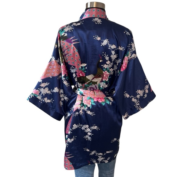 Vintage satin peacock kimono robe knee length blue pink OS - Picture 11 of 15